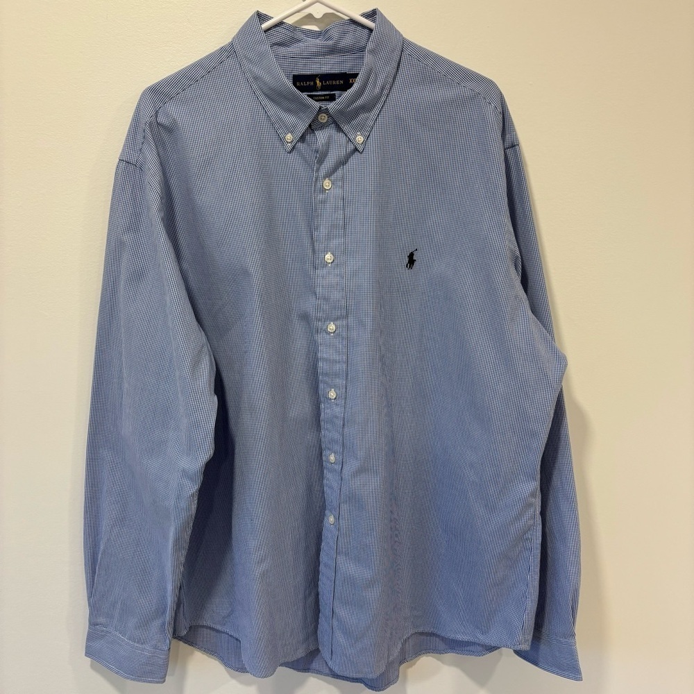 Ralph Lauren Men’s Collared Dress Shirt Button Down Blue White Micro Check Print